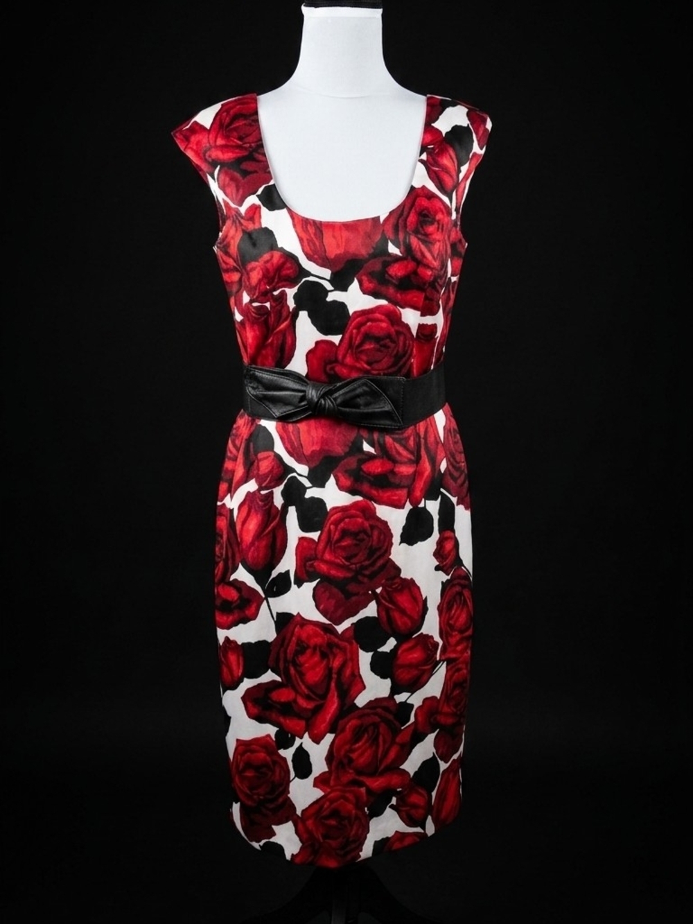 White House Black Market Red Rose Print Midi Dress with Black Belt